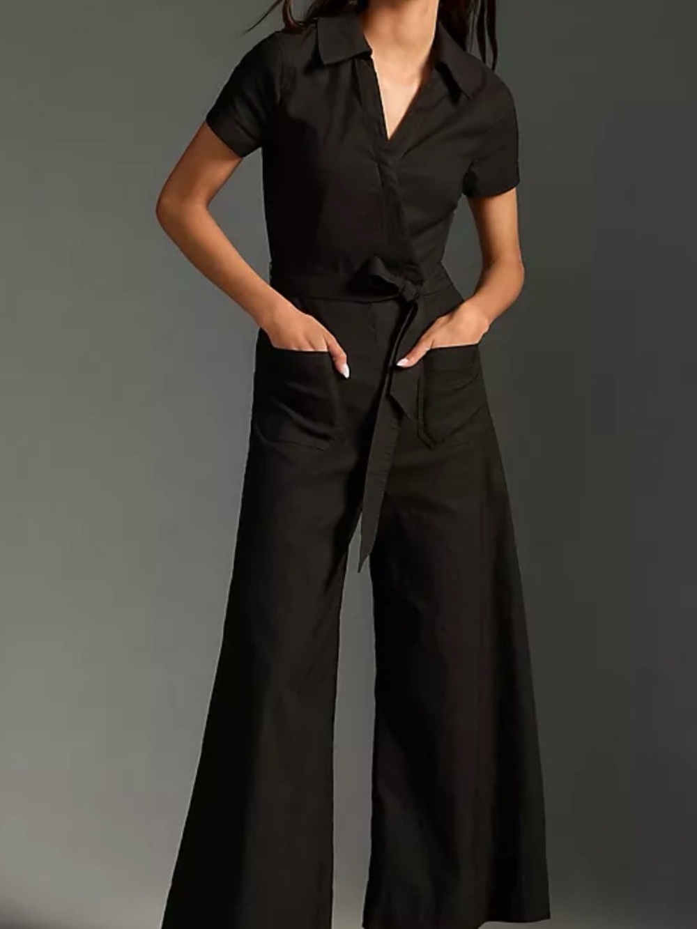 Anthropologie Black Short-Sleeve Wide-Leg Jumpsuit with Tie Waist